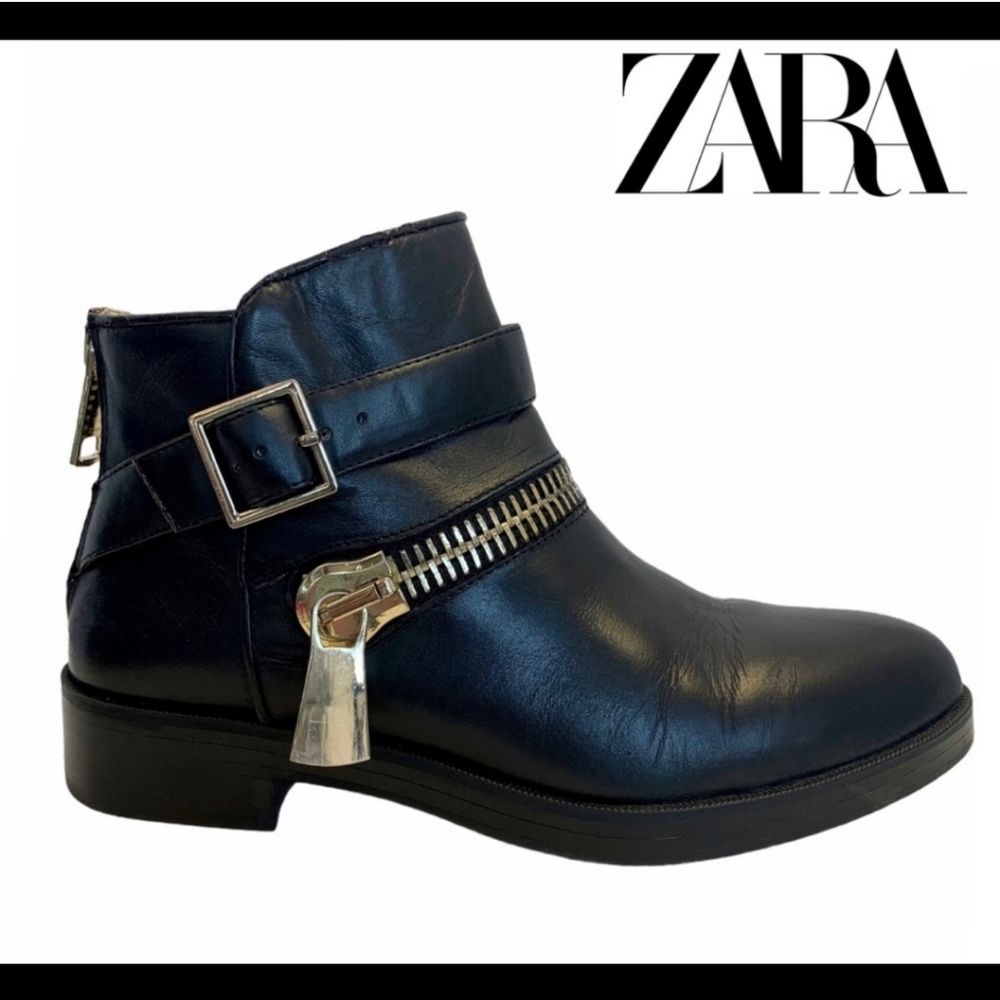 Zara black ankle booties gold buckle zipper